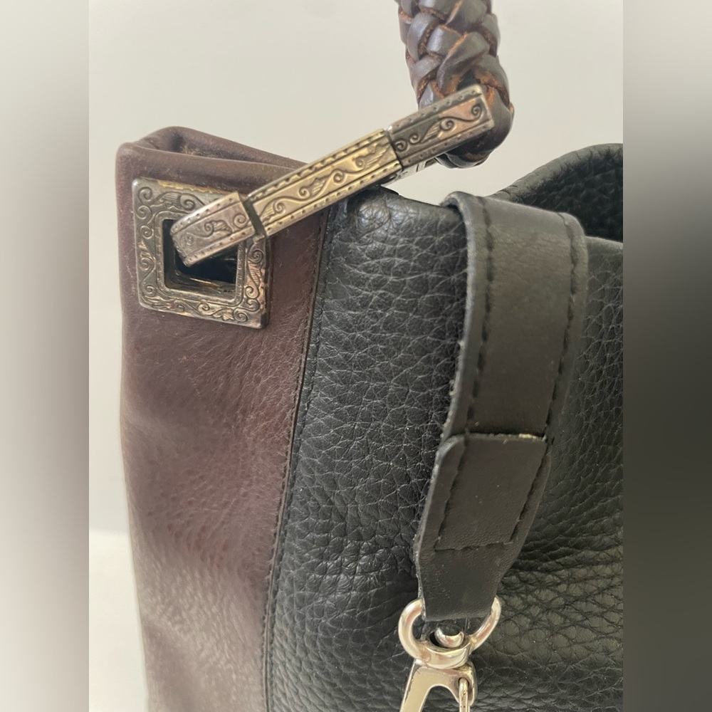 Brighton Two-Tone Black Brown Leather Shoulder Purse Handbag Tote Woven Handles - Picture 3 of 8